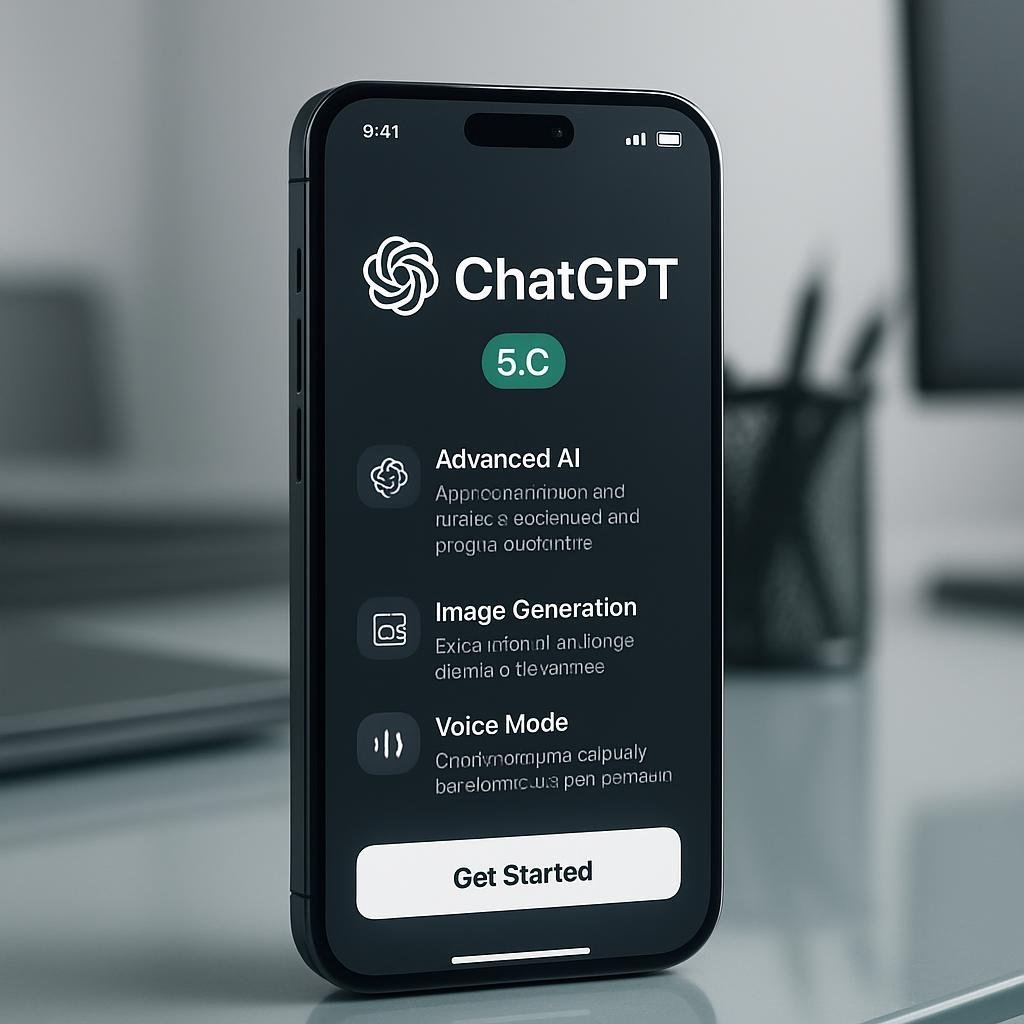 Un smartphone mostrando la nueva app ChatGPT 5.6 sobre una mesa moderna con elementos tecnológicos.