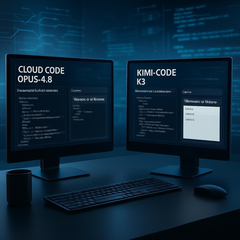Dos monitores con interfaces de Cloud Code Opus 4.8 y Kimi Code K3 en un entorno tecnológico moderno y profesional