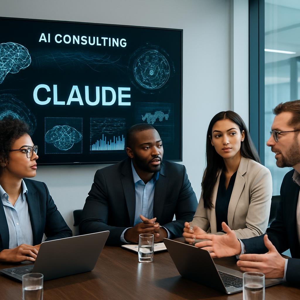 Sala de reunión moderna con profesionales discutiendo consultoría de IA y el sistema Claude en pantalla digital