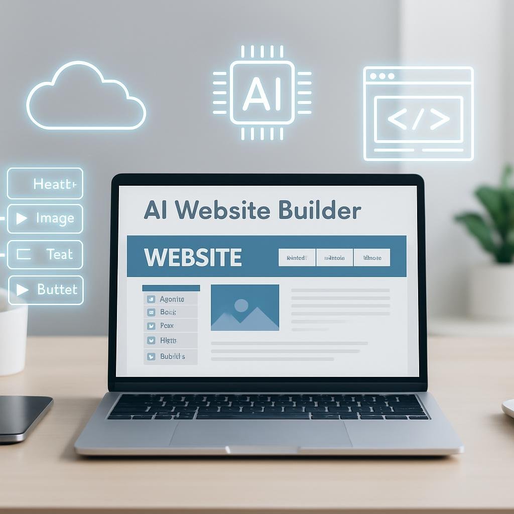 Espacio de trabajo moderno con portátil mostrando creación de páginas web usando IA y tecnología en la nube