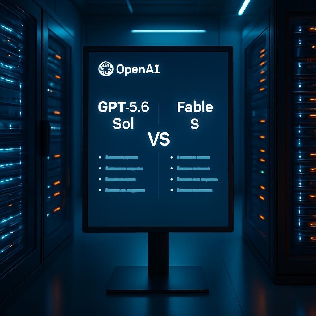 Vista de un servidor moderno con interfaz digital comparando GPT 5.6 Sol y Fable 5 en un entorno tecnológico limpio