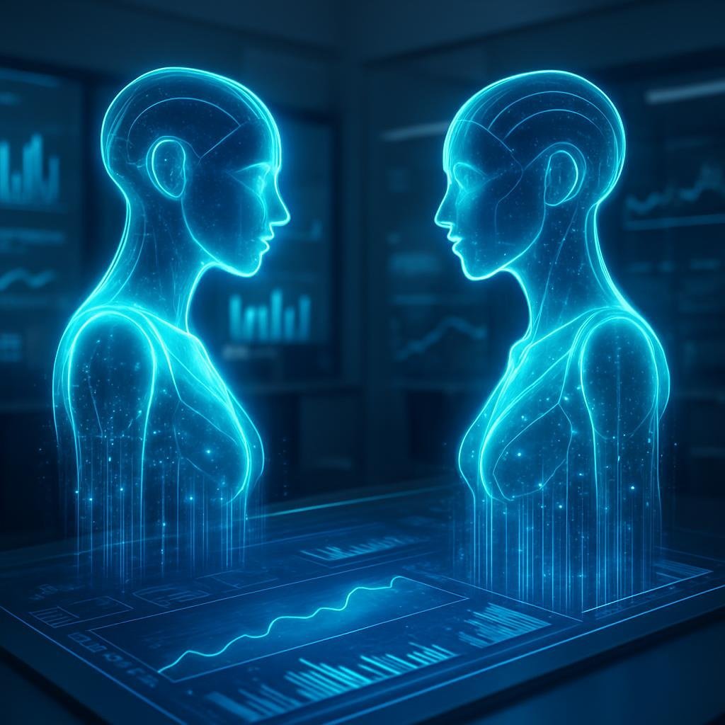 Imagen fotorrealista de dos modelos IA holográficos compitiendo, con datos y gráficos en un entorno tecnológico moderno.