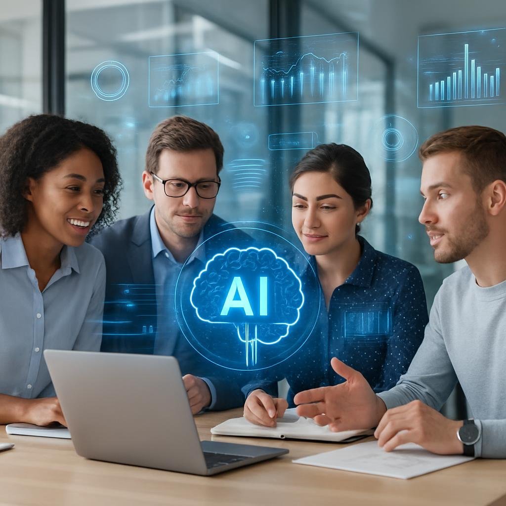 Equipo diverso trabajando en oficina moderna con hologramas de IA integrados en su flujo de trabajo empresarial