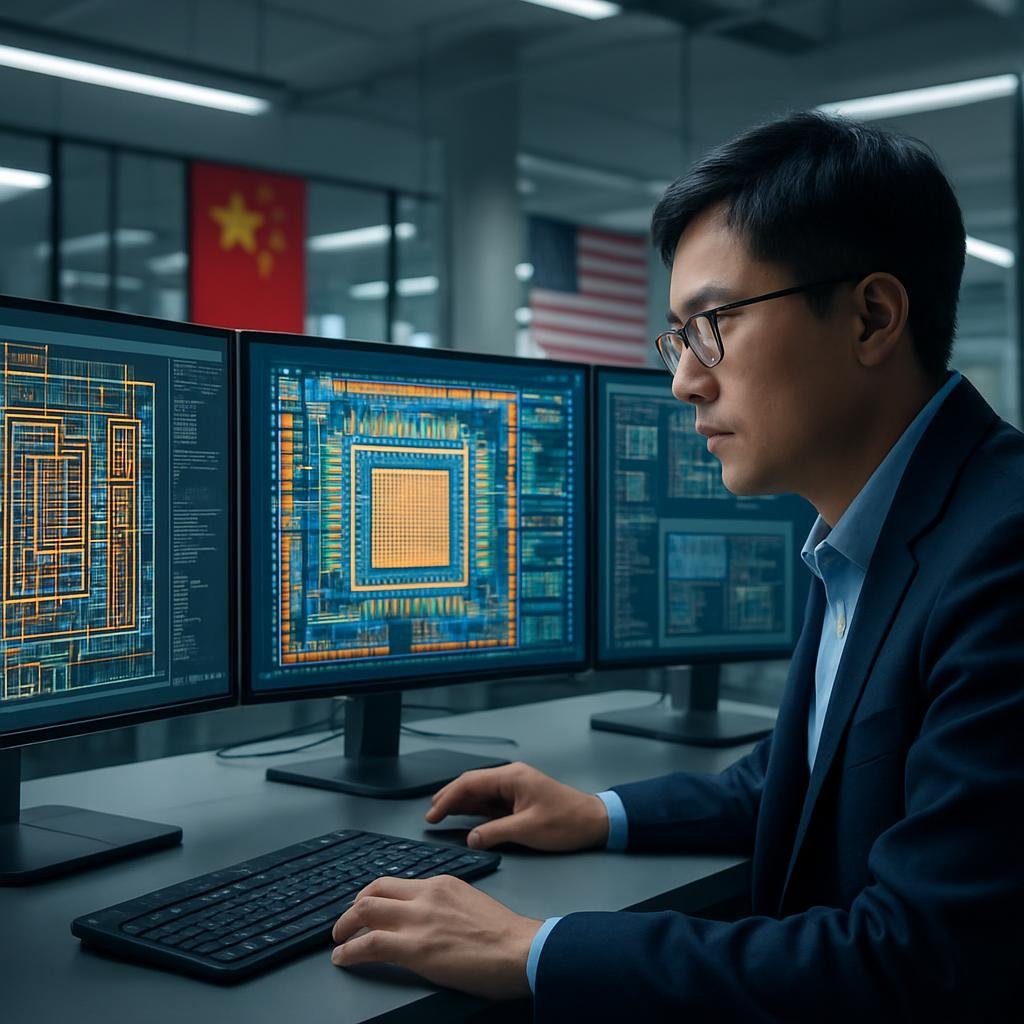 Estación de trabajo moderna mostrando diseño automático de chips por IA, simbolizando el desafío tecnológico chino