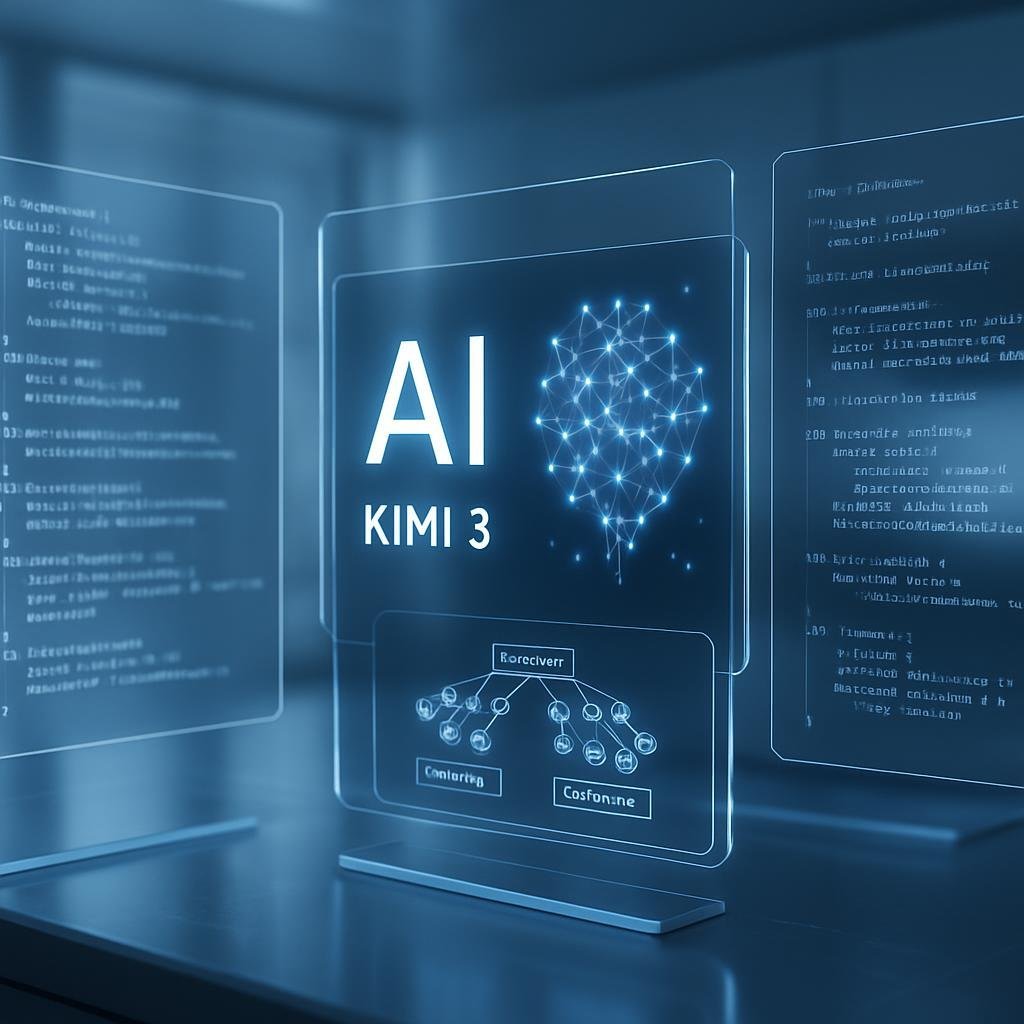 Interfaz moderna y limpia mostrando código y redes neuronales del modelo chino de IA Kimi 3 en competición
