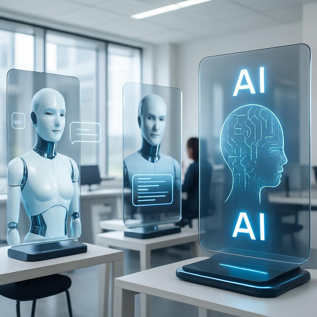 Pantallas transparentes con modelos de IA, agentes digitales y plataformas tecnológicas en una oficina moderna y luminosa