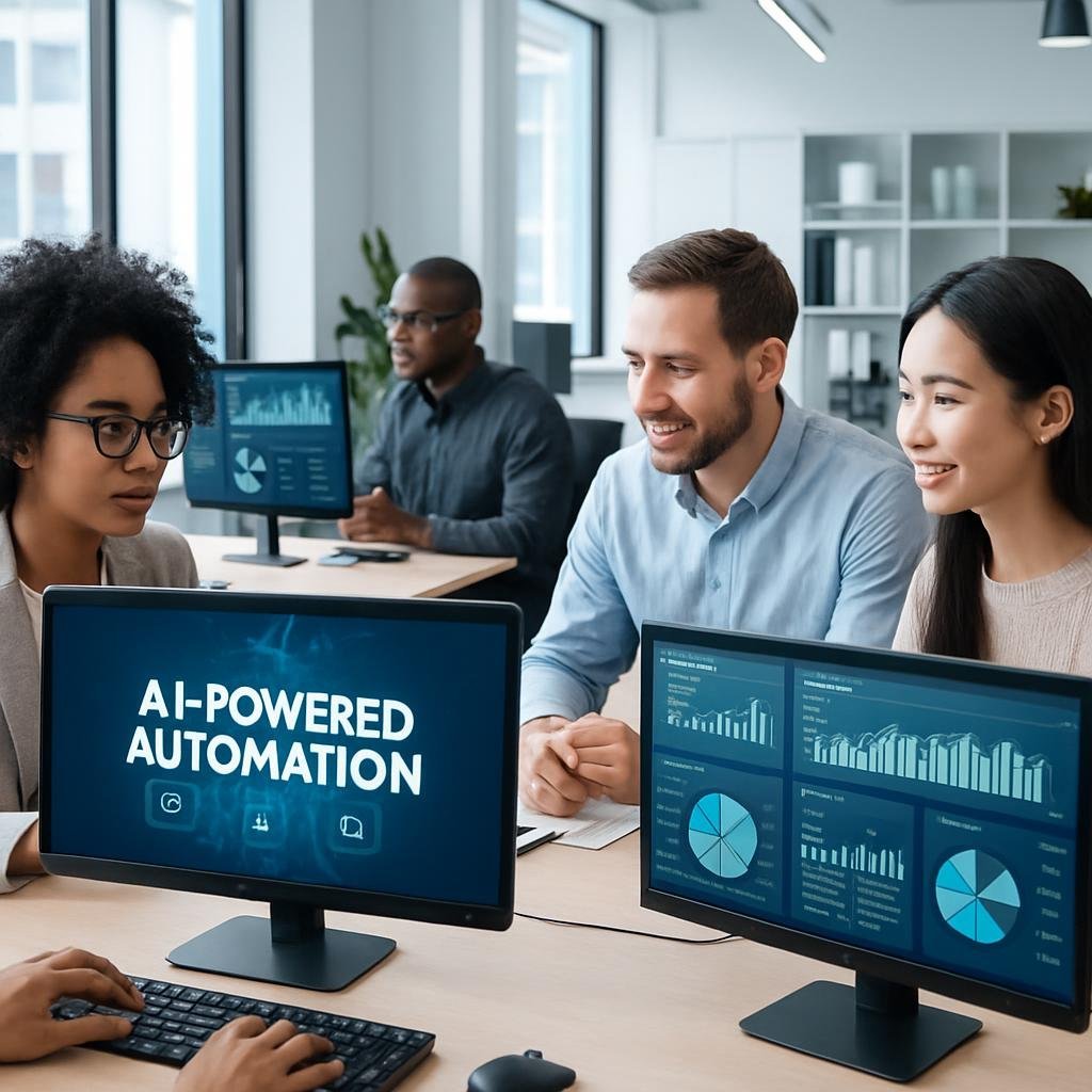 Oficina moderna con equipo diverso usando tecnología de IA para automatizar tareas en una agencia