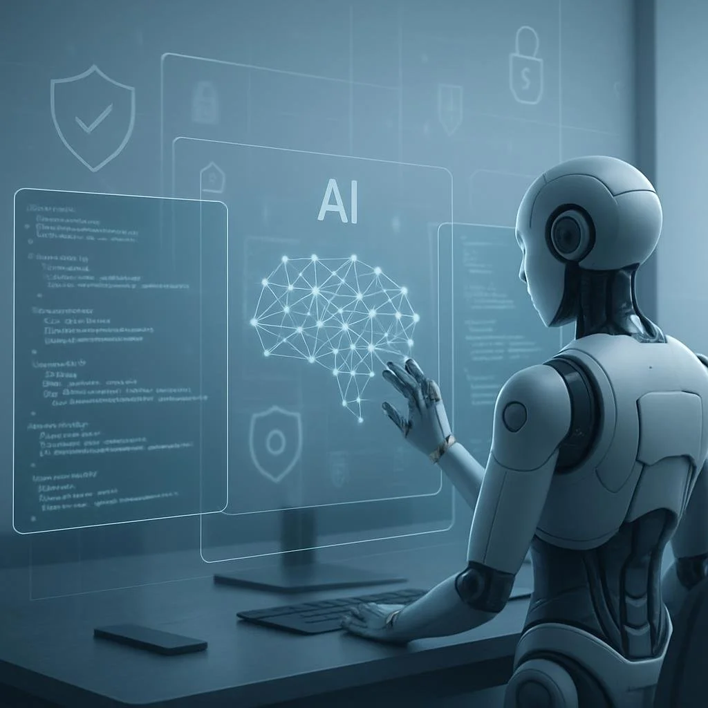 Un espacio de trabajo moderno con pantallas mostrando código y un robot representando riesgos de agentes autónomos de IA