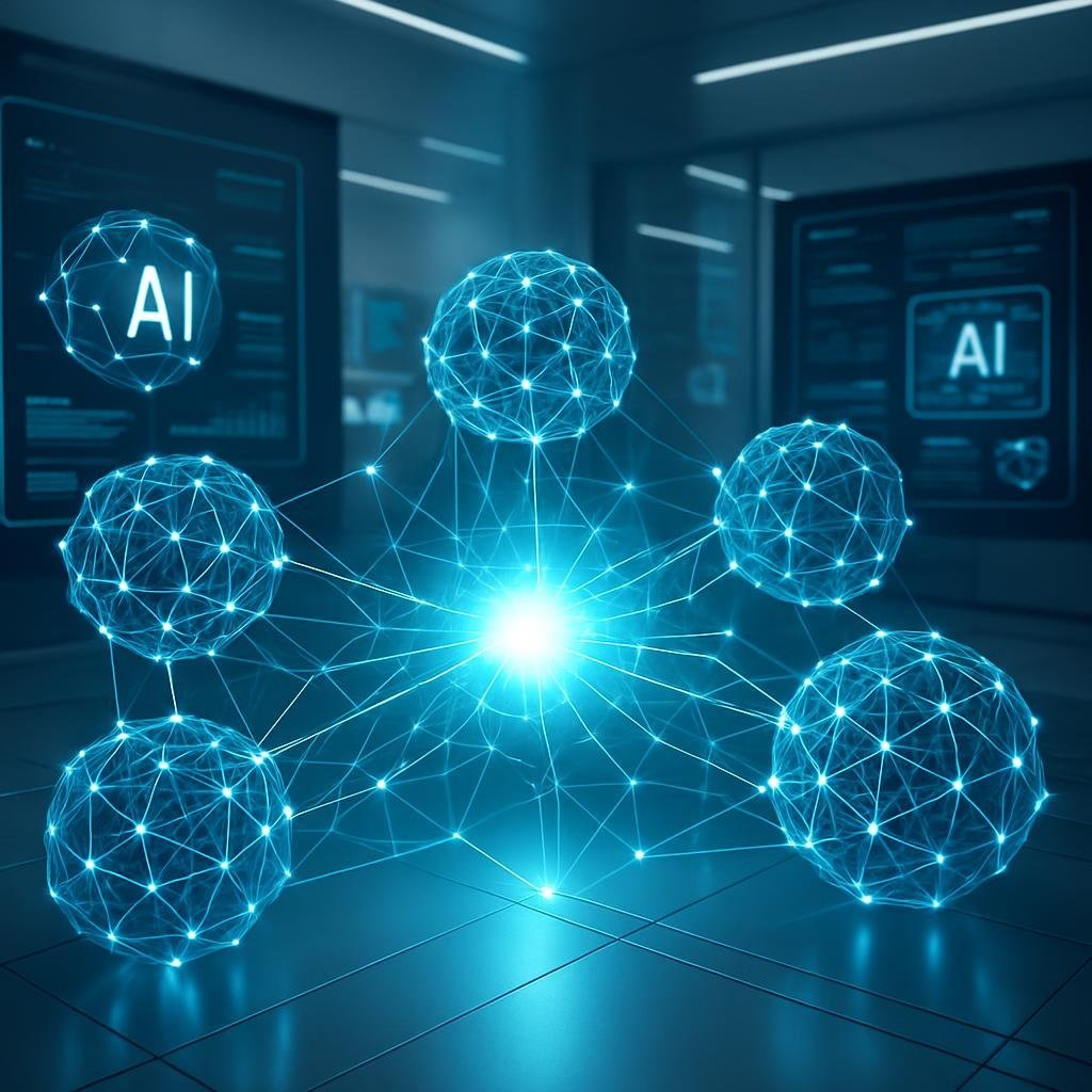 Representación de varios modelos de IA conectados y fusionándose en un núcleo central brillante