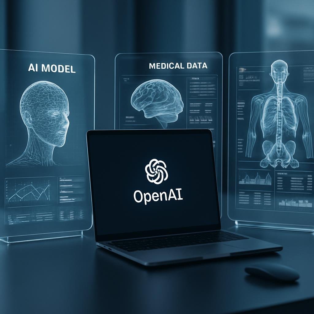 Espacio de trabajo moderno con pantallas mostrando modelos IA locales, datos médicos y OpenAI pausada