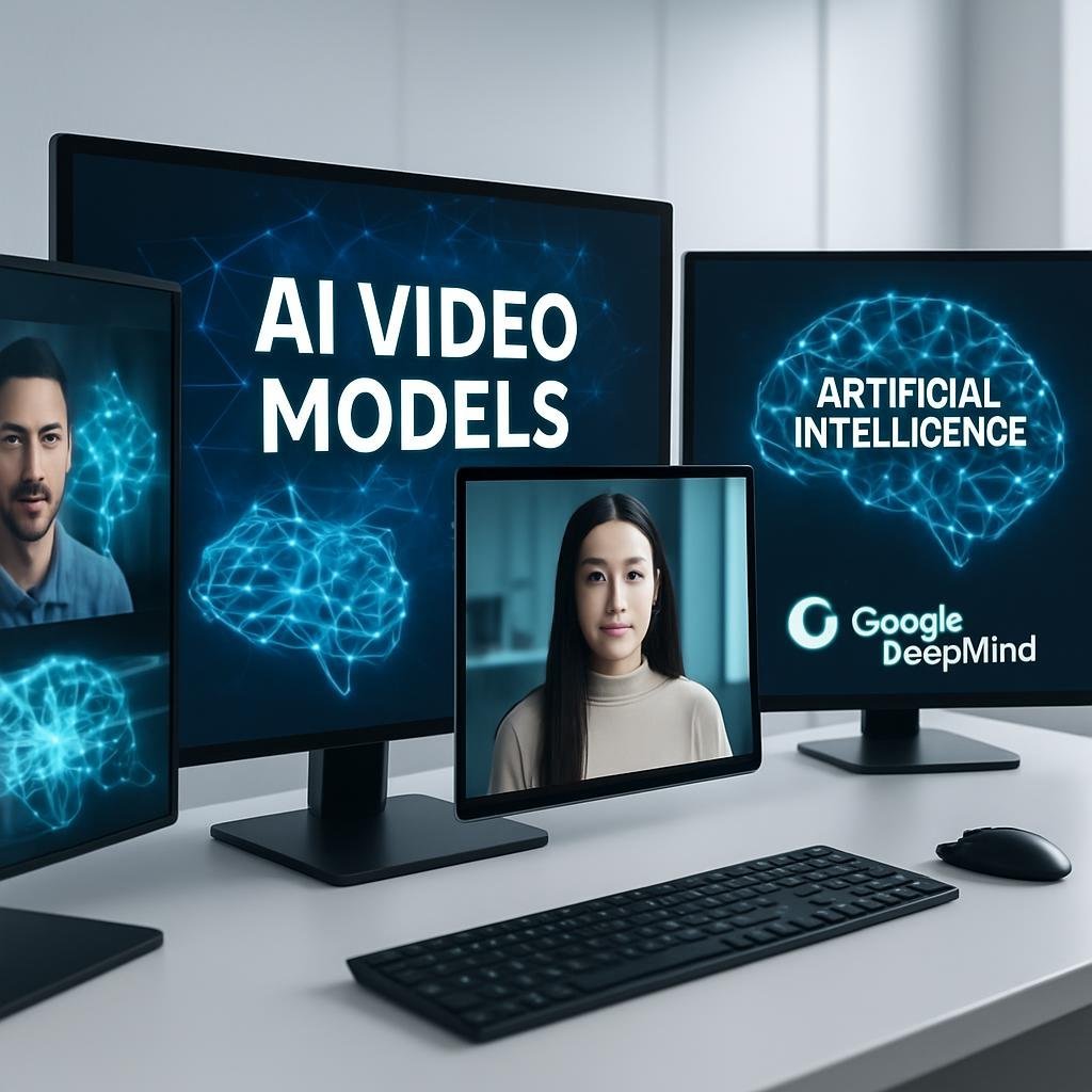 Una oficina moderna con pantallas que muestran modelos de vídeo IA y el logo de Google DeepMind en un entorno profesional.