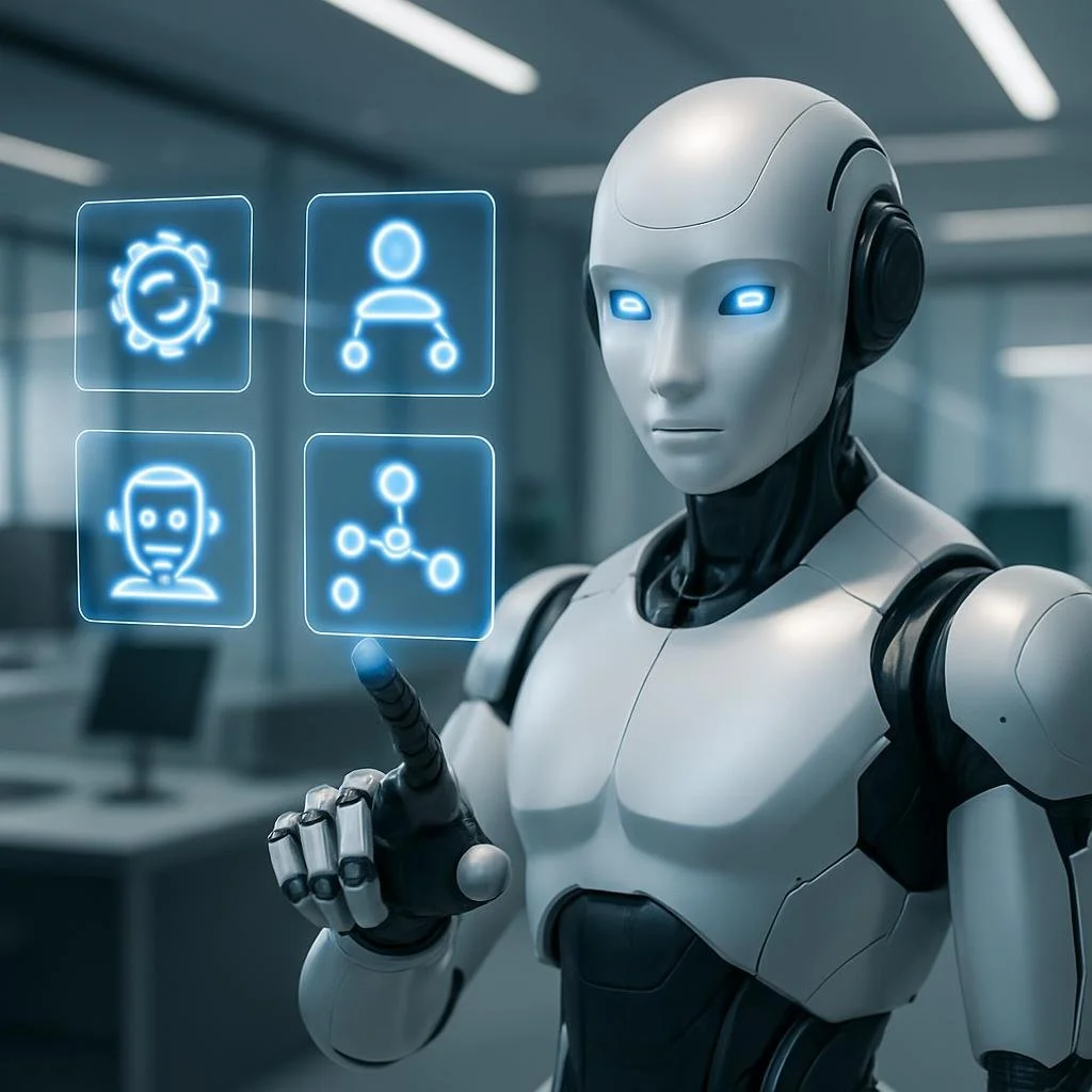 Un robot de IA moderno junto a iconos digitales que simbolizan habilidades reutilizables en agentes autónomos