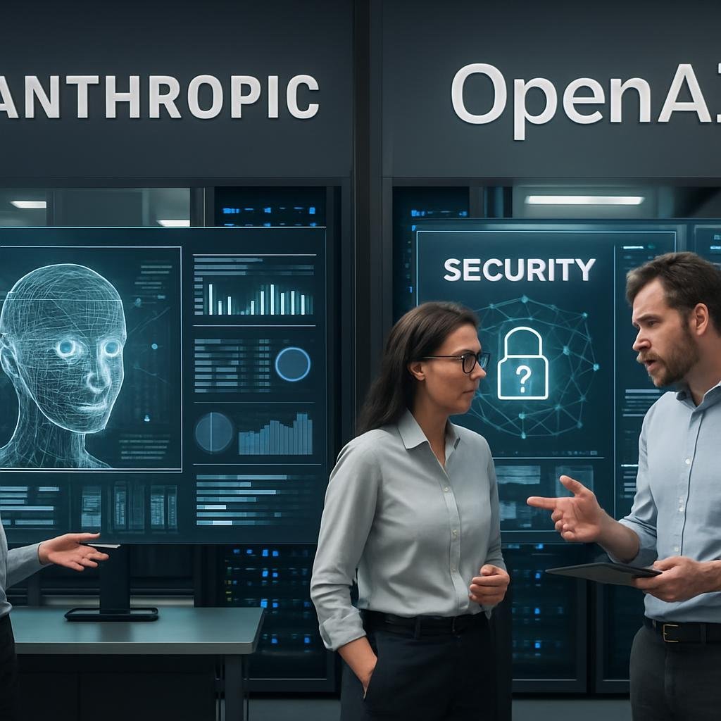 Dos laboratorios modernos de IA con científicos discutiendo seguridad e incentivos en inteligencia artificial avanzada