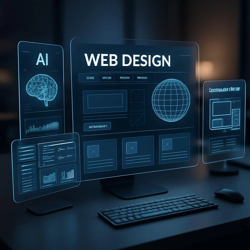Interfaz futurista de IA mostrando elementos 3D dinámicos para diseño web en un espacio moderno y profesional