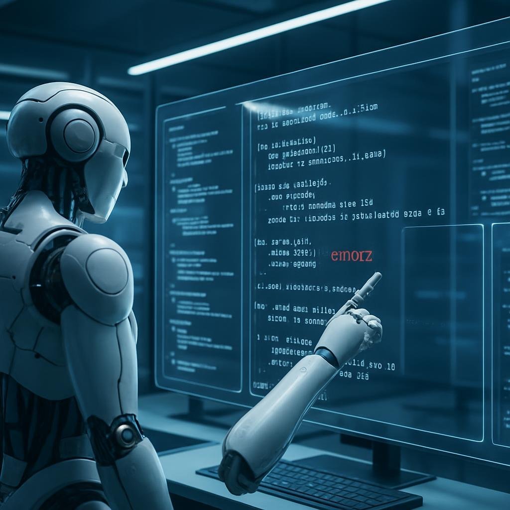 Dos sistemas de IA revisando código en pantallas transparentes en un entorno moderno de desarrollo de software