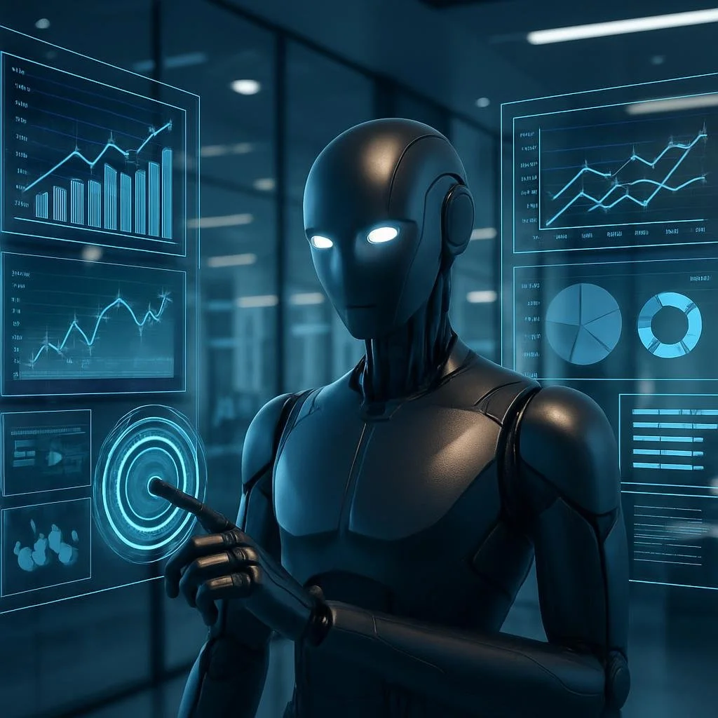Avatar digital futurista de un agente IA autónomo interactuando en un entorno corporativo moderno y tecnológico