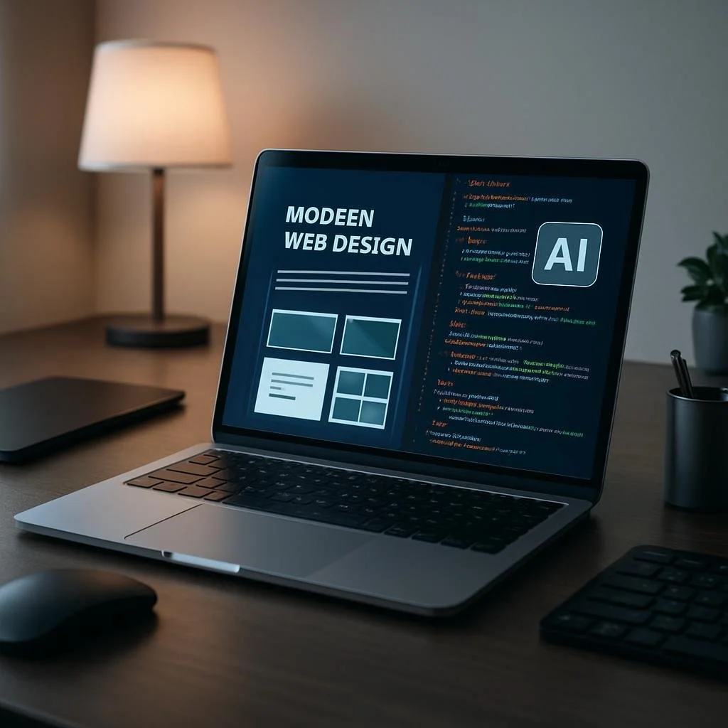 Un espacio de trabajo moderno con un portátil mostrando interfaces web dinámicas y código de IA sobreimpreso.