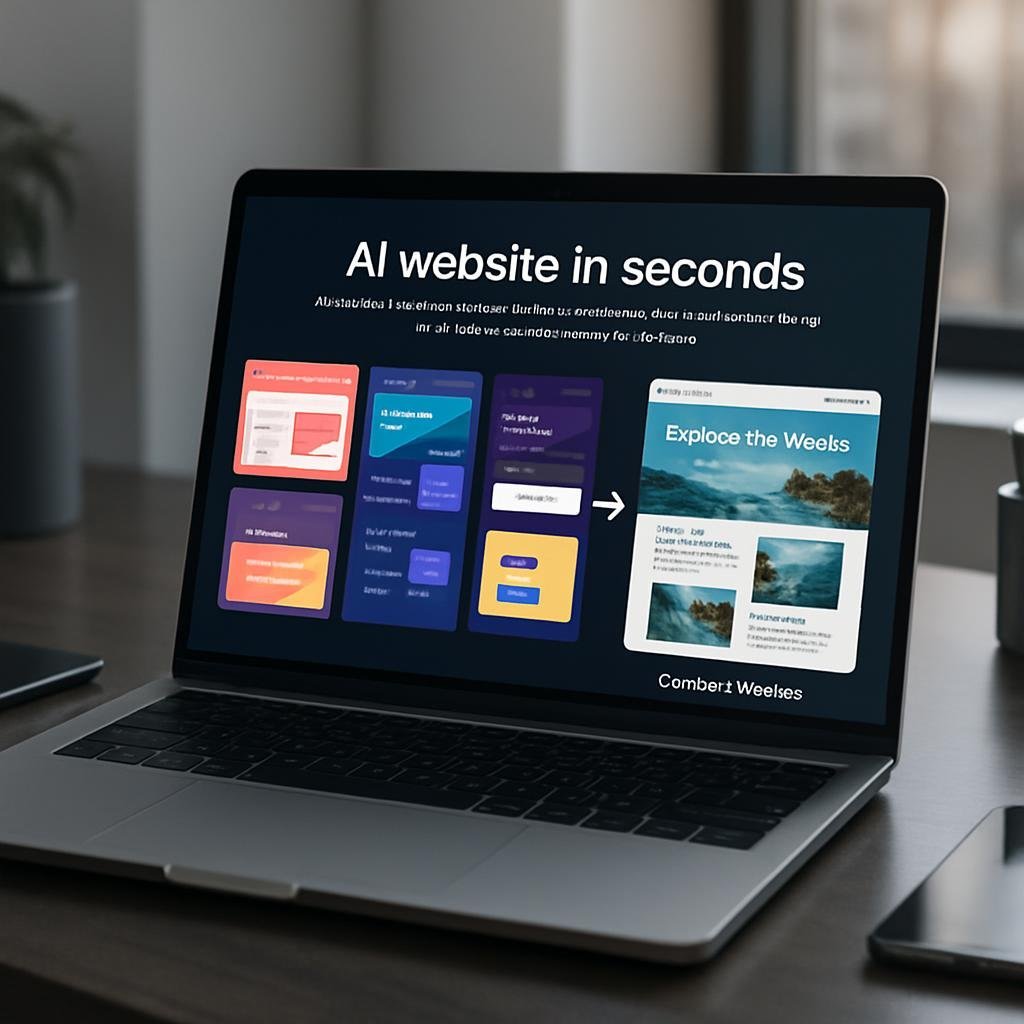 Un portátil moderno mostrando una web generada automáticamente a partir de varias capturas de pantalla en segundos.