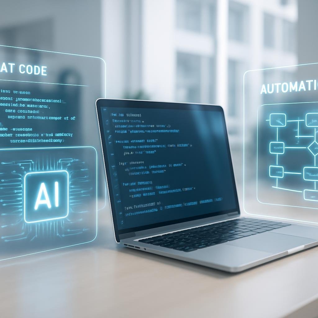 Espacio de trabajo moderno con pantallas transparentes mostrando código y automatización IA para Claude Code